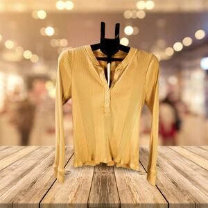 ☀️ Aerie Ribbed Henley Long Sleeve Top – Size XL Mustard Gold